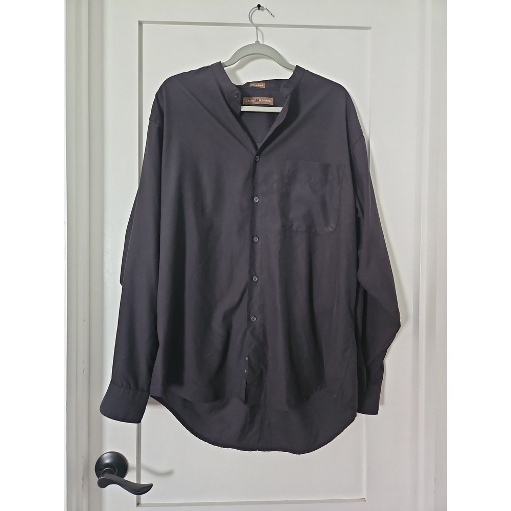 Vintage 90s John Henry Band Collar Shirt Black Micro Touch Silky Minimalist L
